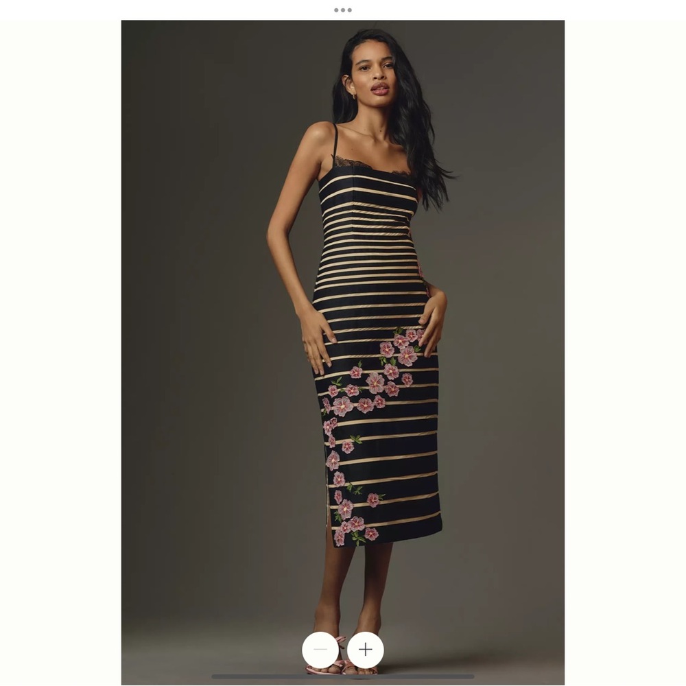 Mauve Black and Gold Striped Midi Dress with Pink Floral Accents